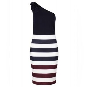 Ted Baker One Shoulder Striped Dress Navy, Ivory, Burgundy Dress - Size 0 - NWT!